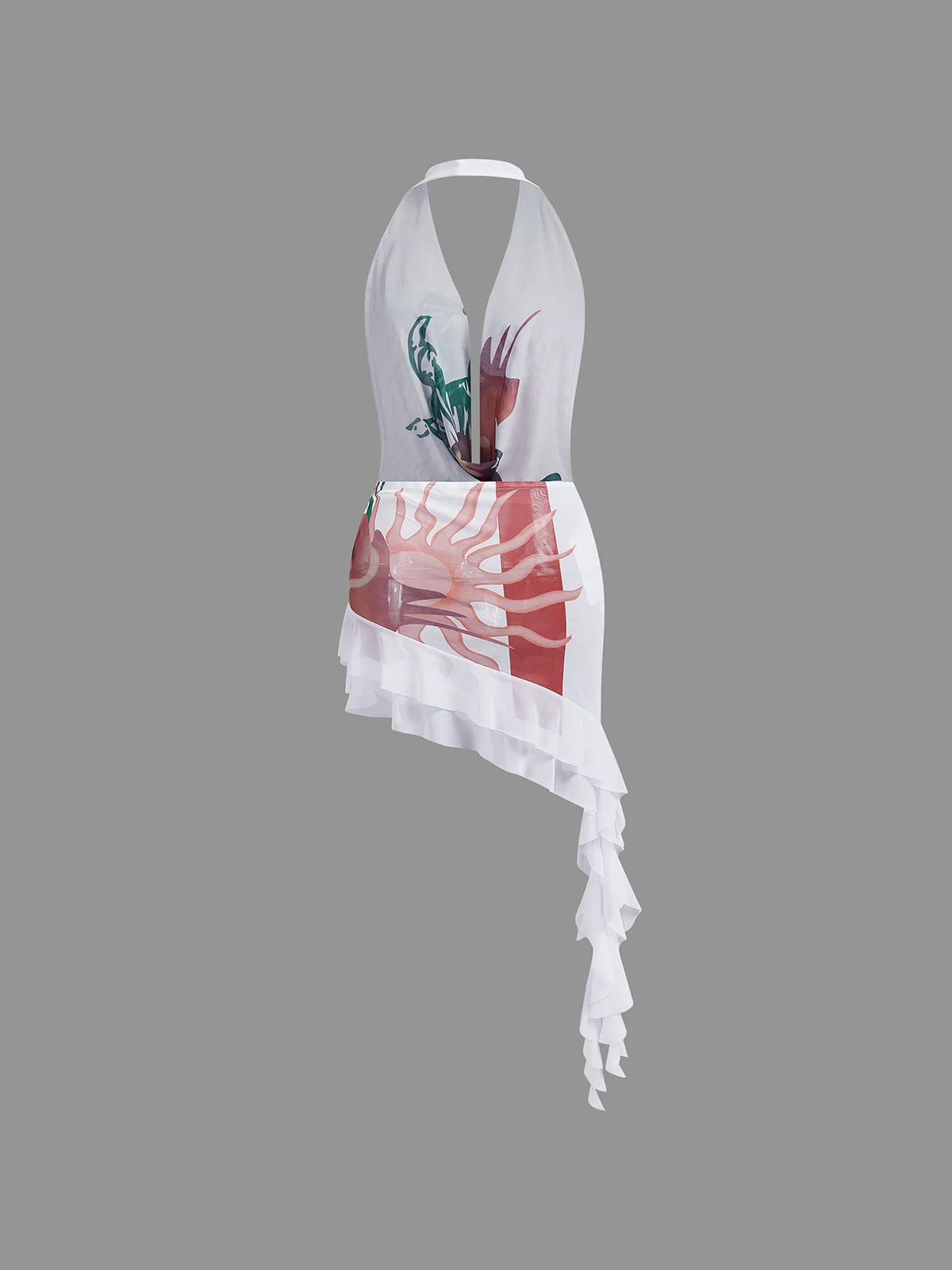 Asymmetrical Design Ruffles Backless Halter Ethnic Sleeveless Short Dress