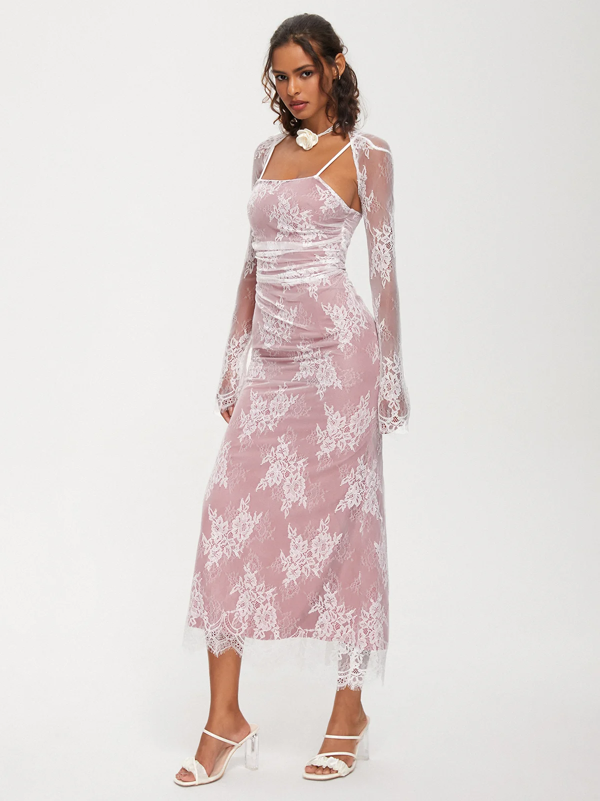 Double Layer lace Spaghetti Floral Long Sleeve Maxi Dress