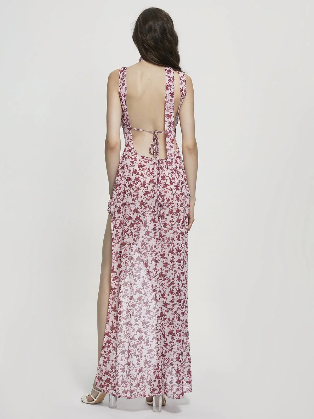 Backless Side Slit V Neck Floral Sleeveless Maxi Dress