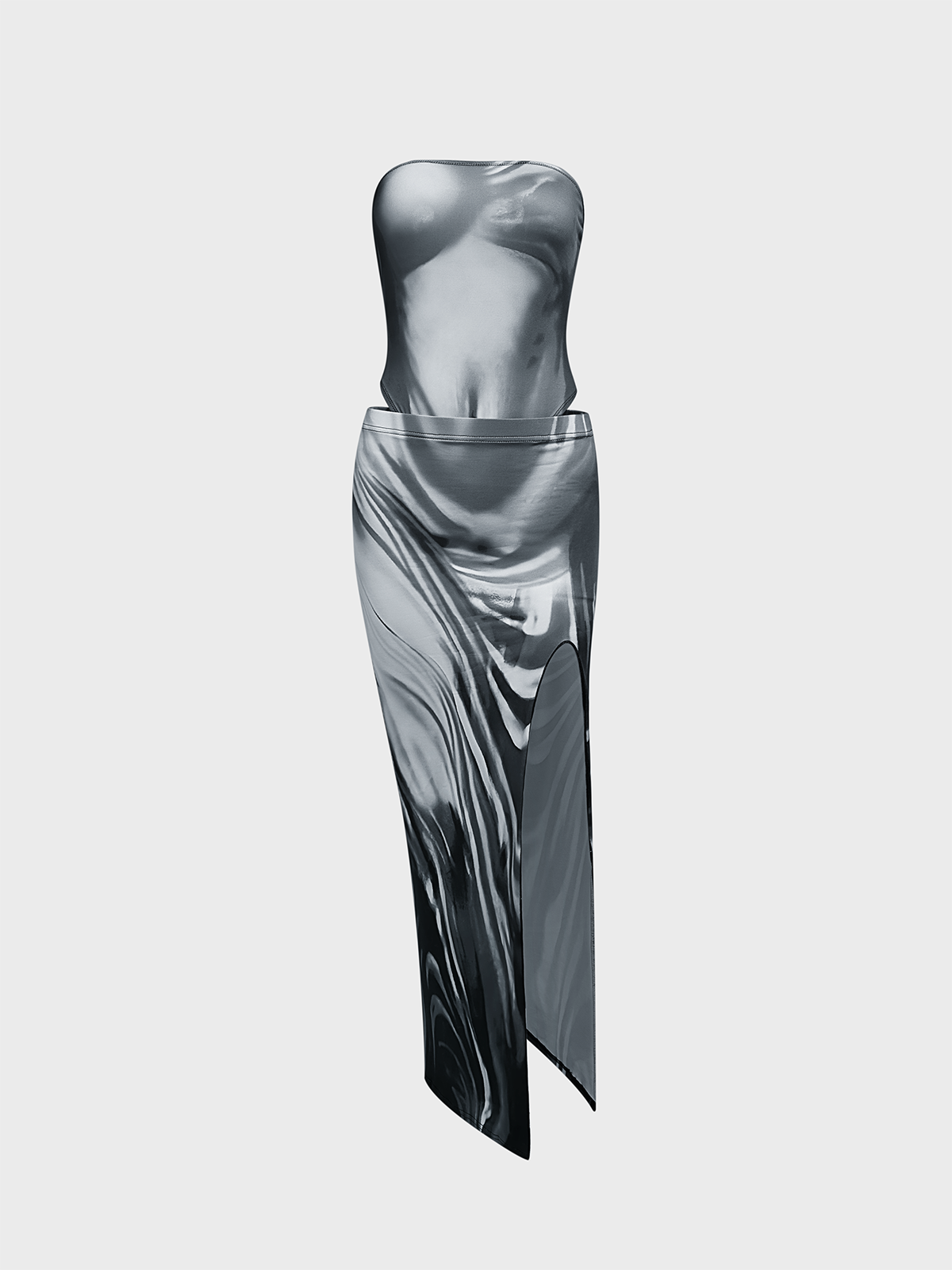 Jersey Body Print Split Plain Top With Skirt Two-Piece Set