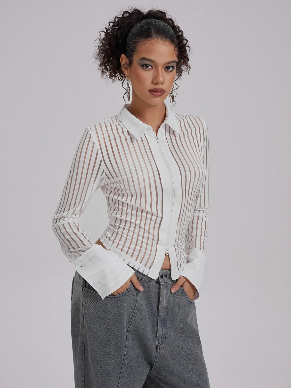 Shirt Collar Striped Long Sleeve Shirt