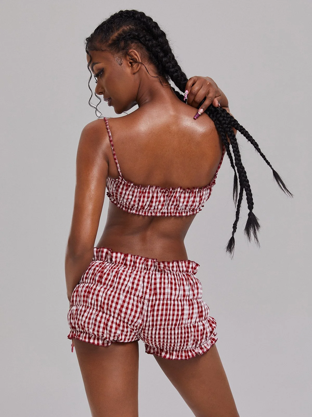 Polyester Cotton Plaid Top With Pants Two-Piece Set