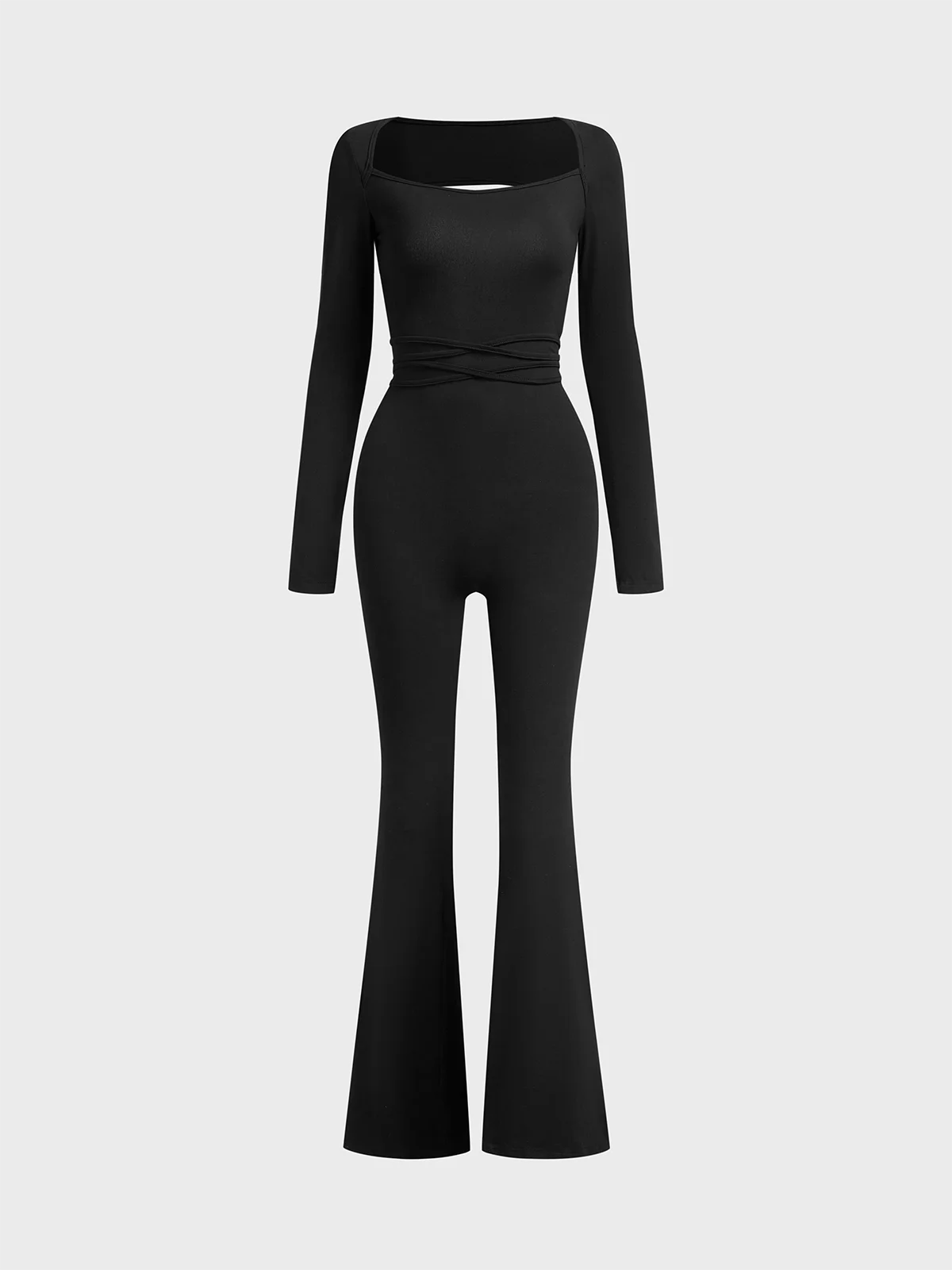 Jersey Square Neck Plain Long Sleeve Jumpsuit