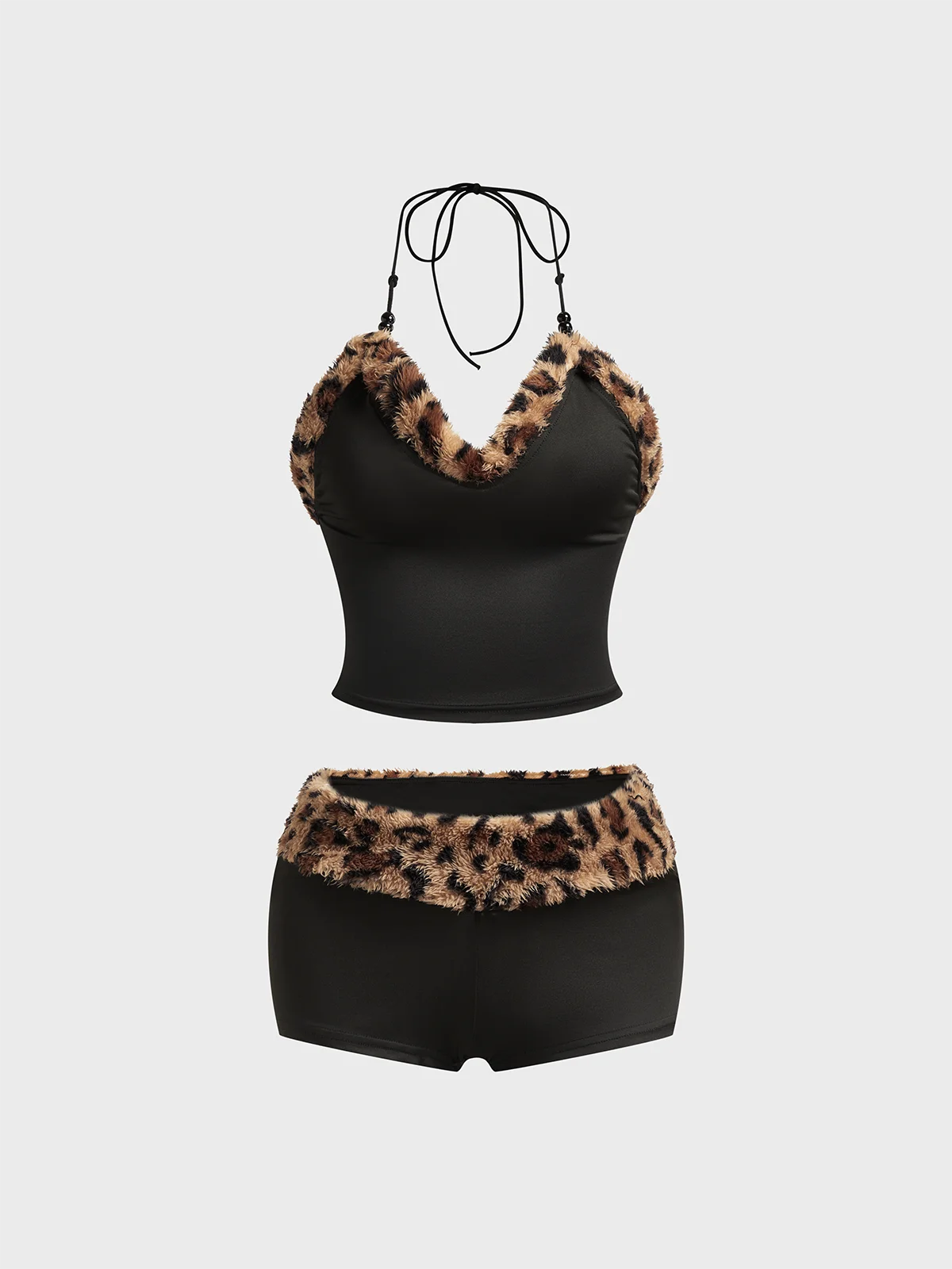 Faux Fur Animal Print Top With Pants Two-Piece Set