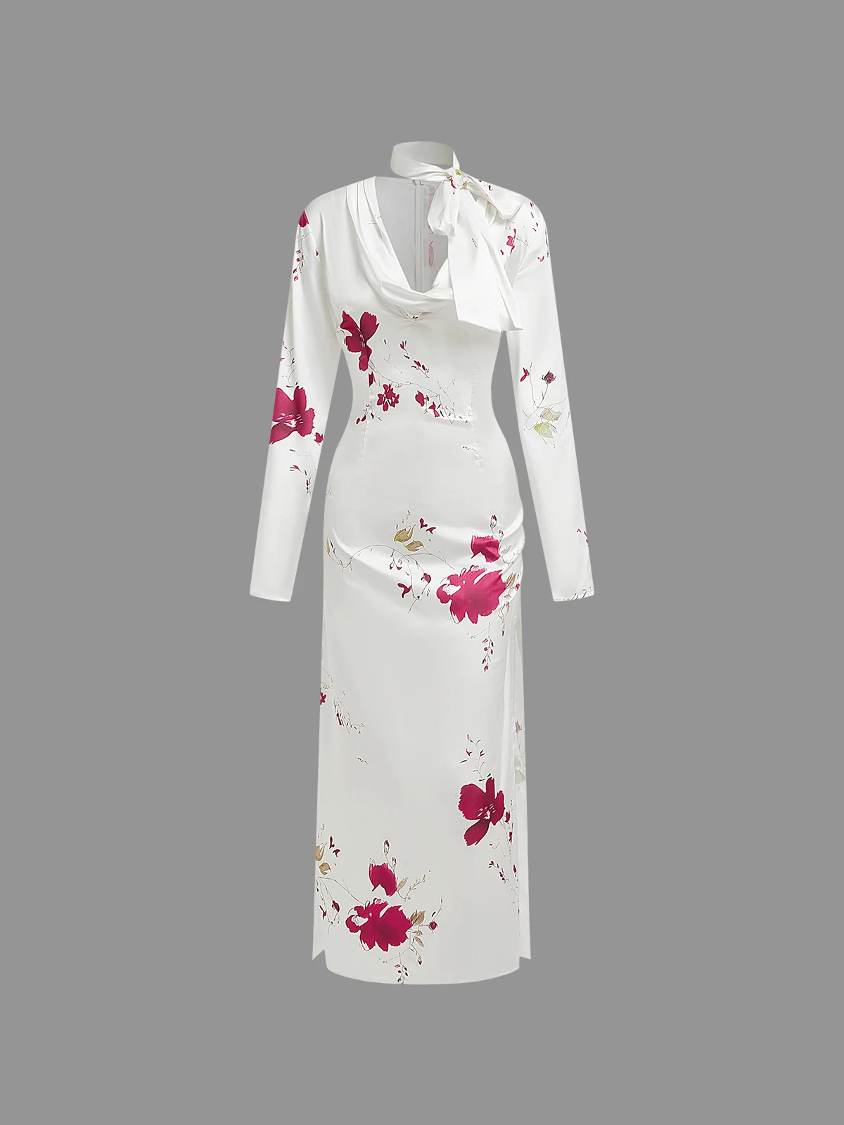 Cowl Neck Floral Long Sleeve Maxi Dress