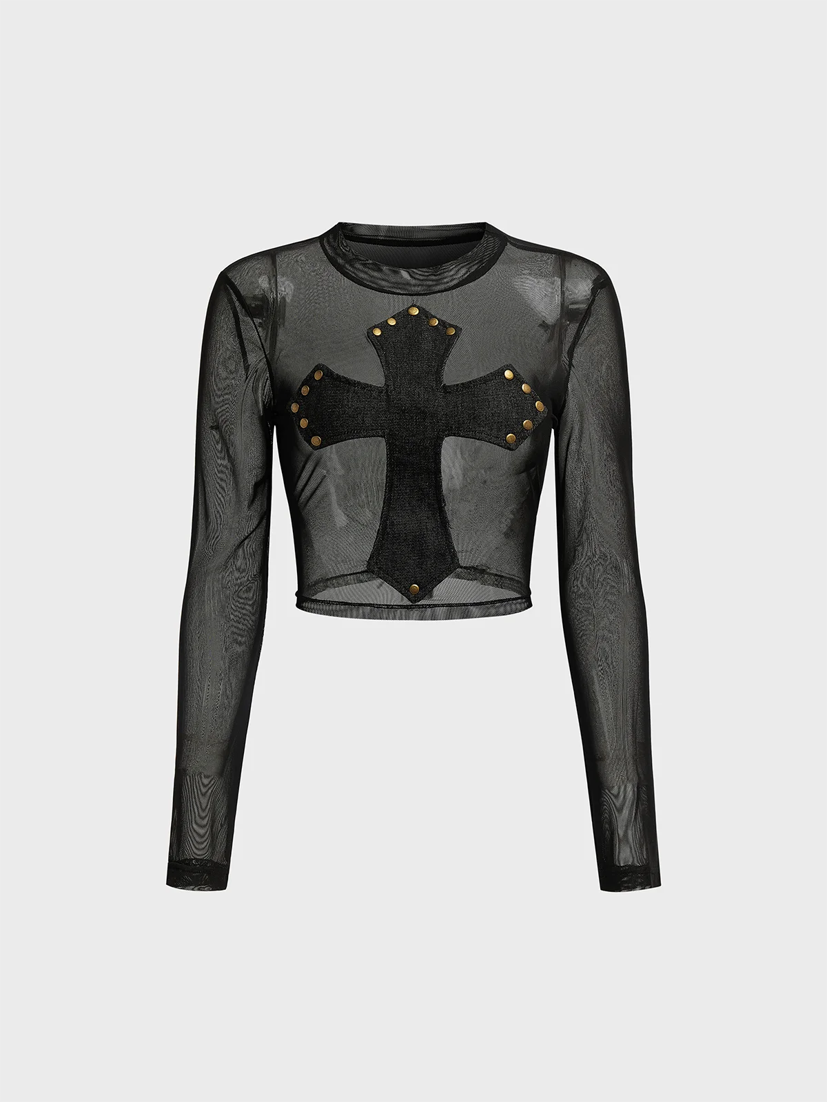 Mesh Crew Neck Cross Long Sleeve T-shirt