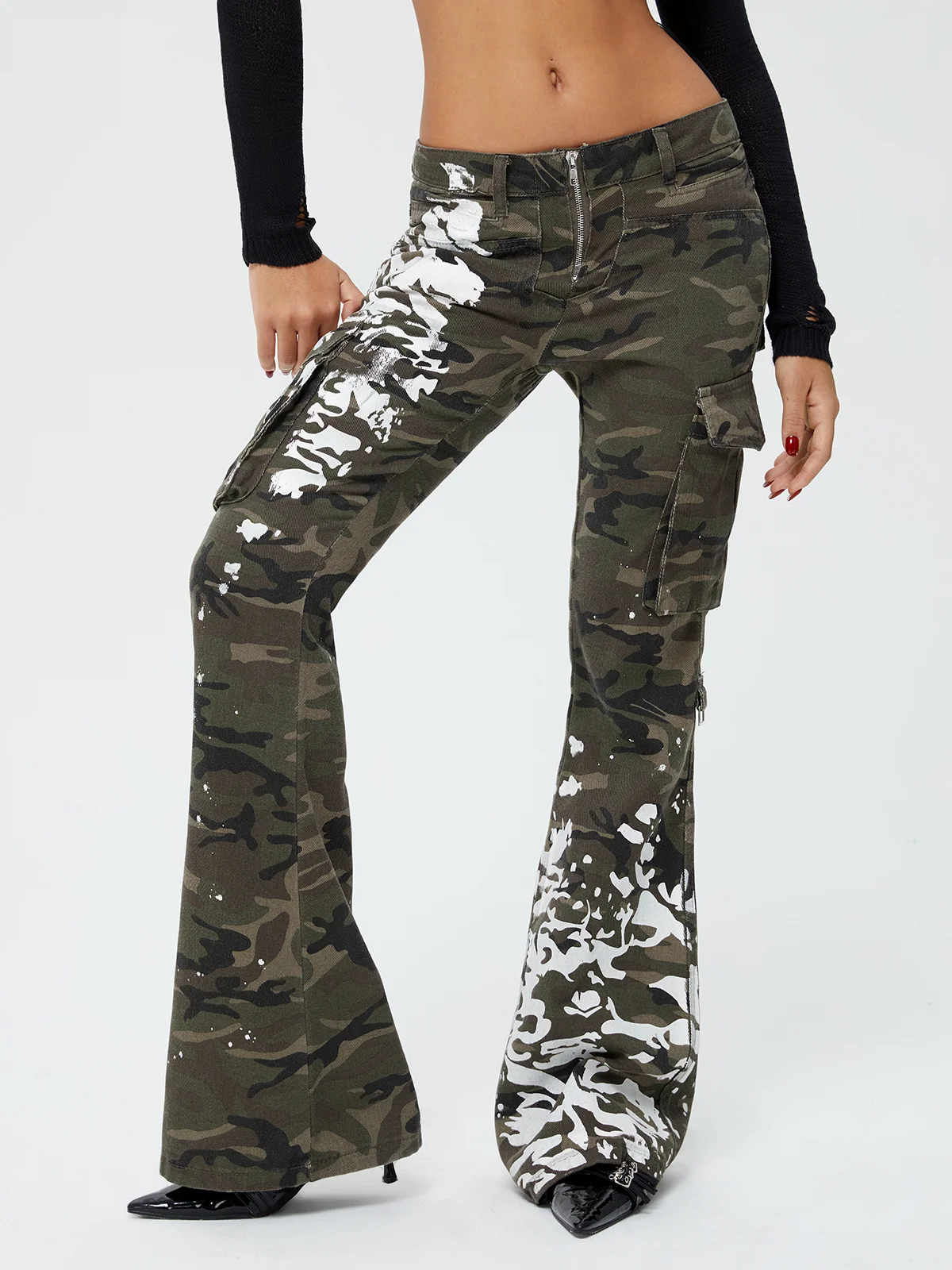 Twill Color Block Flare Pants Cargo Pants