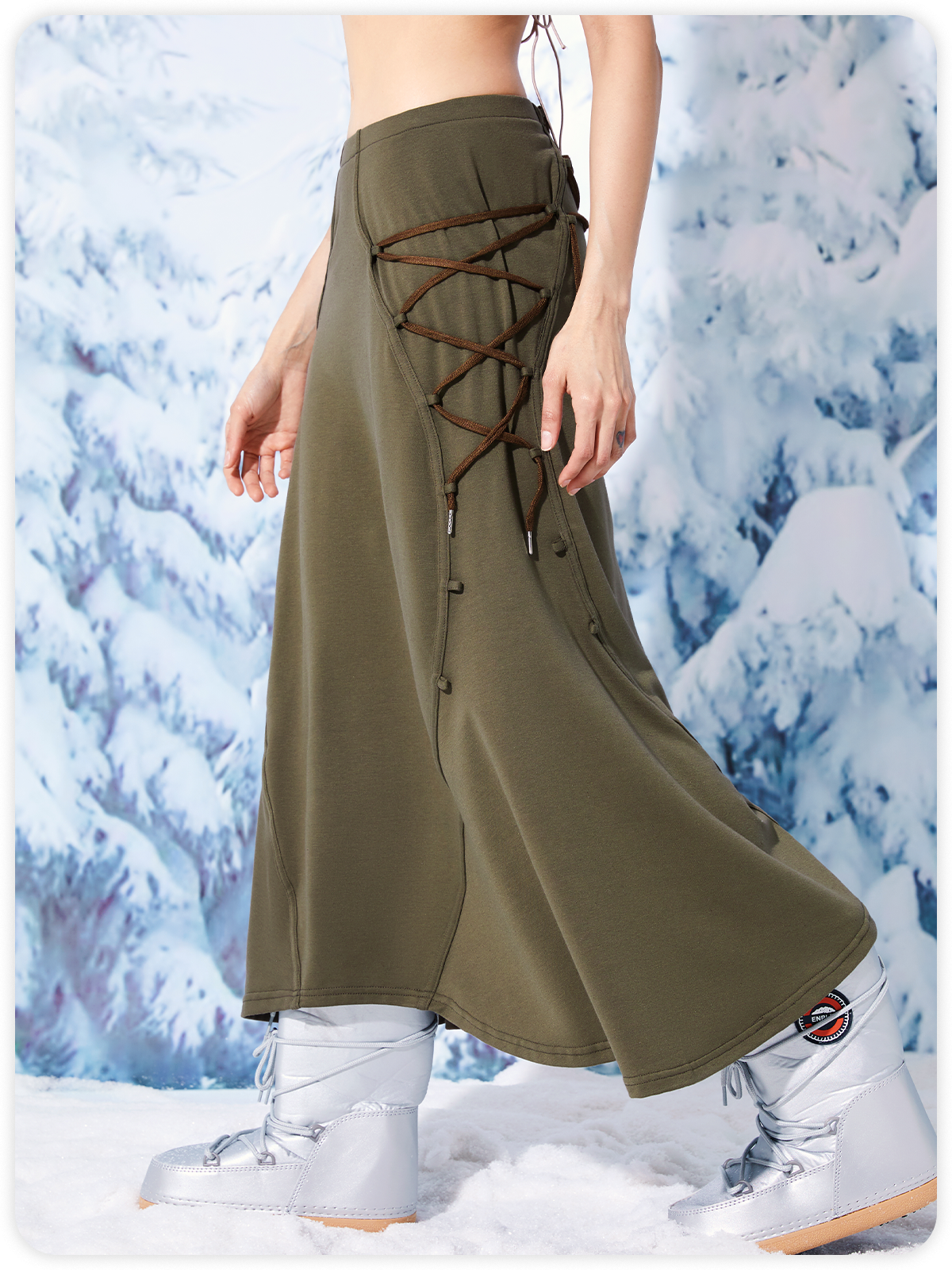 Street Brown Drawstring Wrinkled Lace Up Bottom Skirt