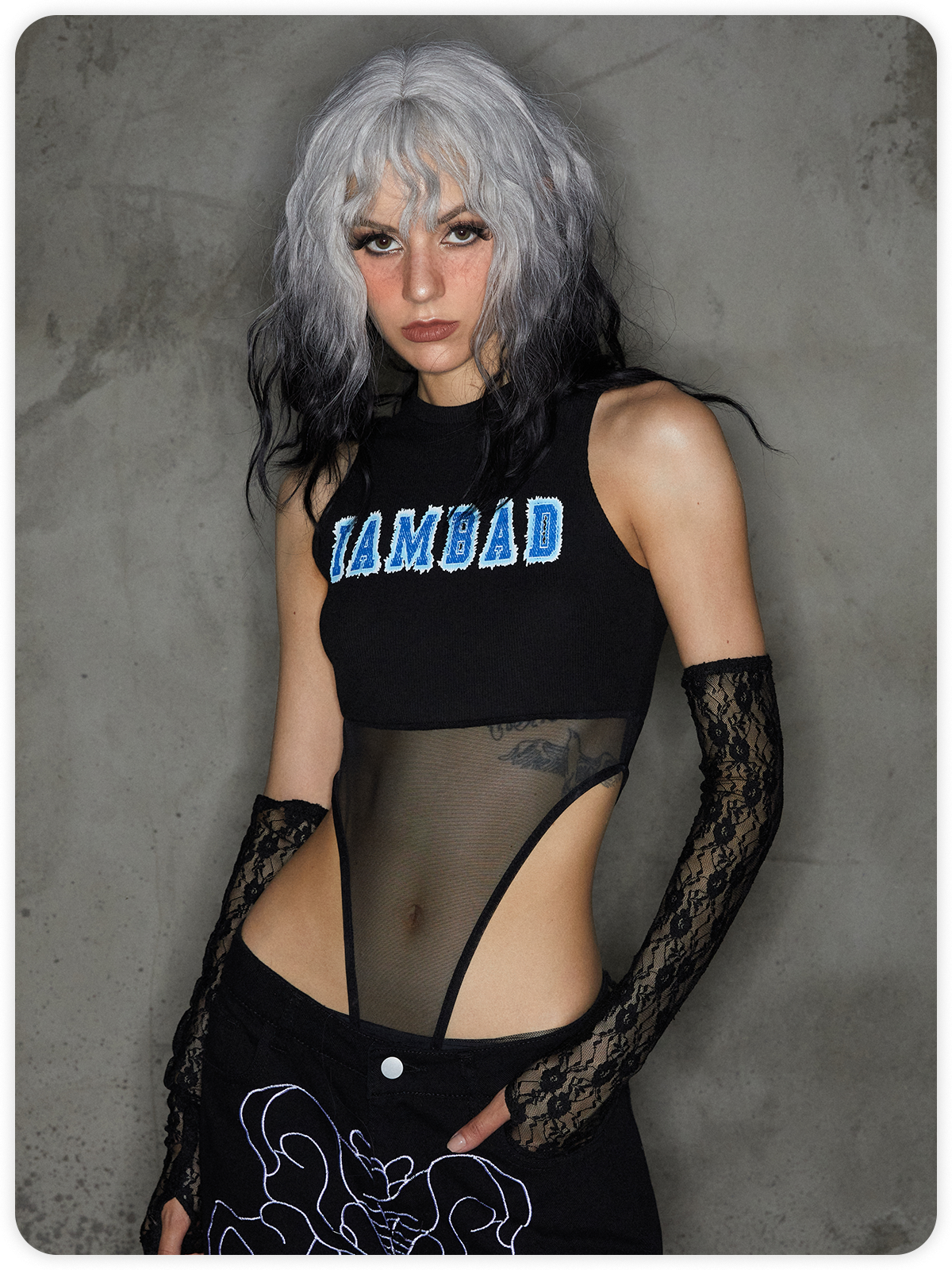 Punk Black Metal Patchwork Letter Cyberpunk Bodysuit