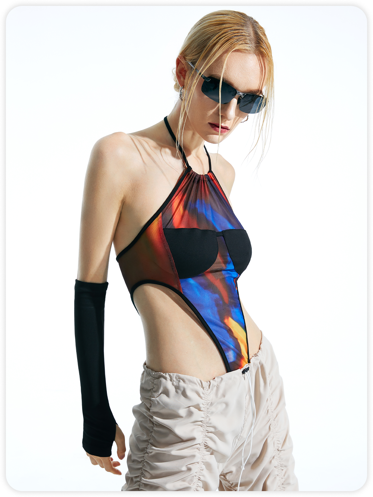 【Final Sale】Edgy Multicolor Halter Patchwork Backless Bodysuit