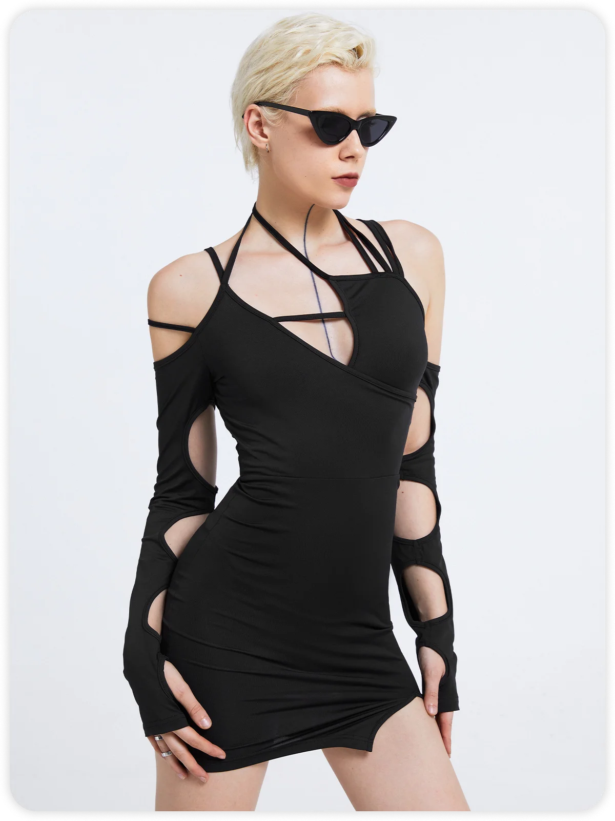 【Final Sale】Edgy Black Lace Up Asymmetrical Design Cyberpunk Dress Mini Dress