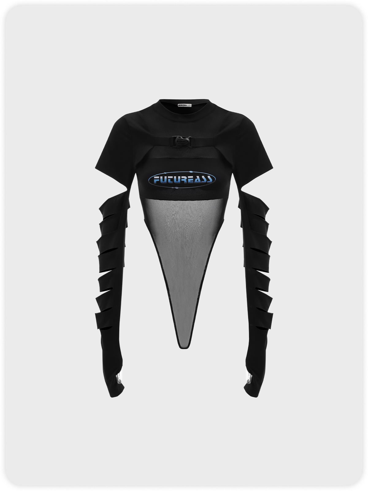 Edgy Black Graphic Patchwork Cut Out Bodysuit