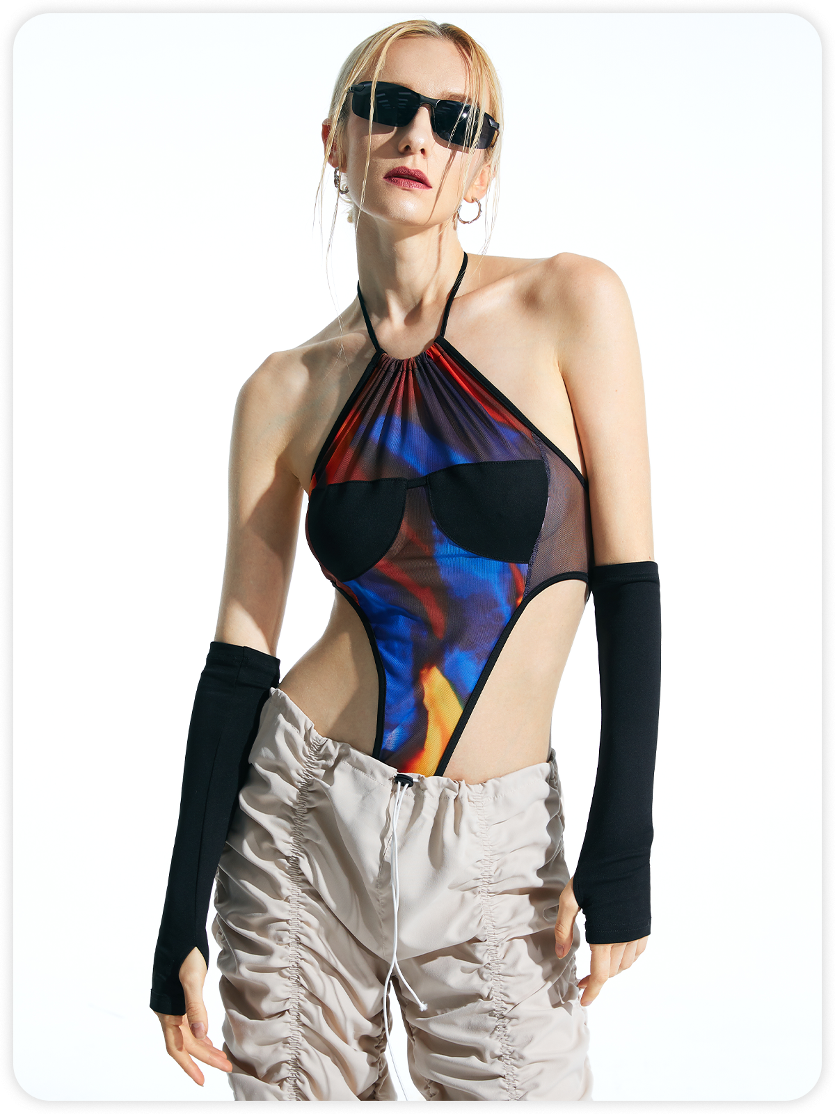 【Final Sale】Edgy Multicolor Halter Patchwork Backless Bodysuit
