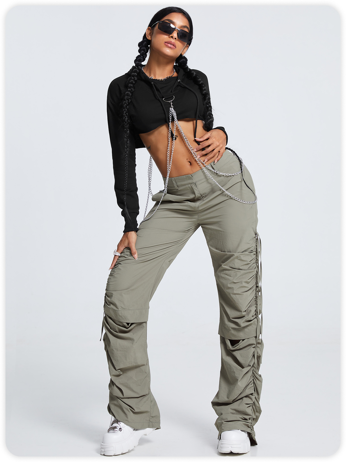 Street Black Hooded Metal Chain Top Hoodie & Sweatshirt