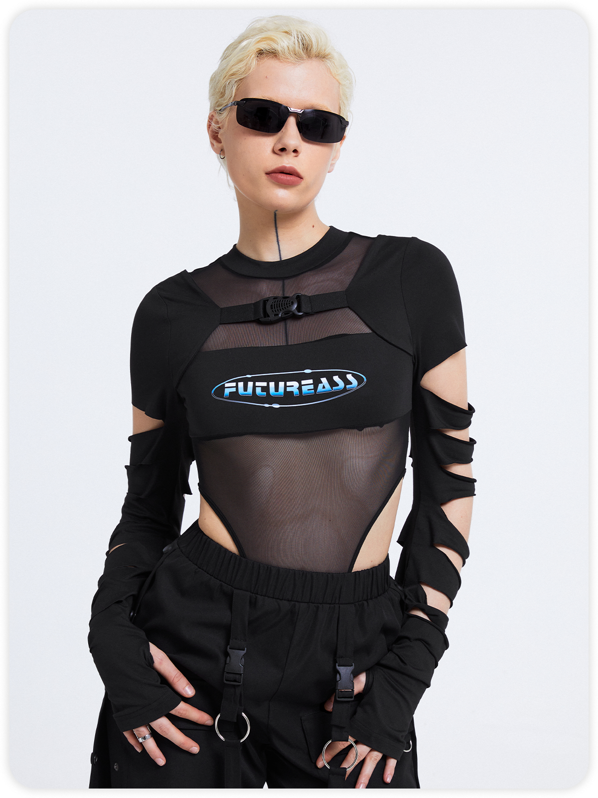 Edgy Black Graphic Patchwork Cut Out Bodysuit