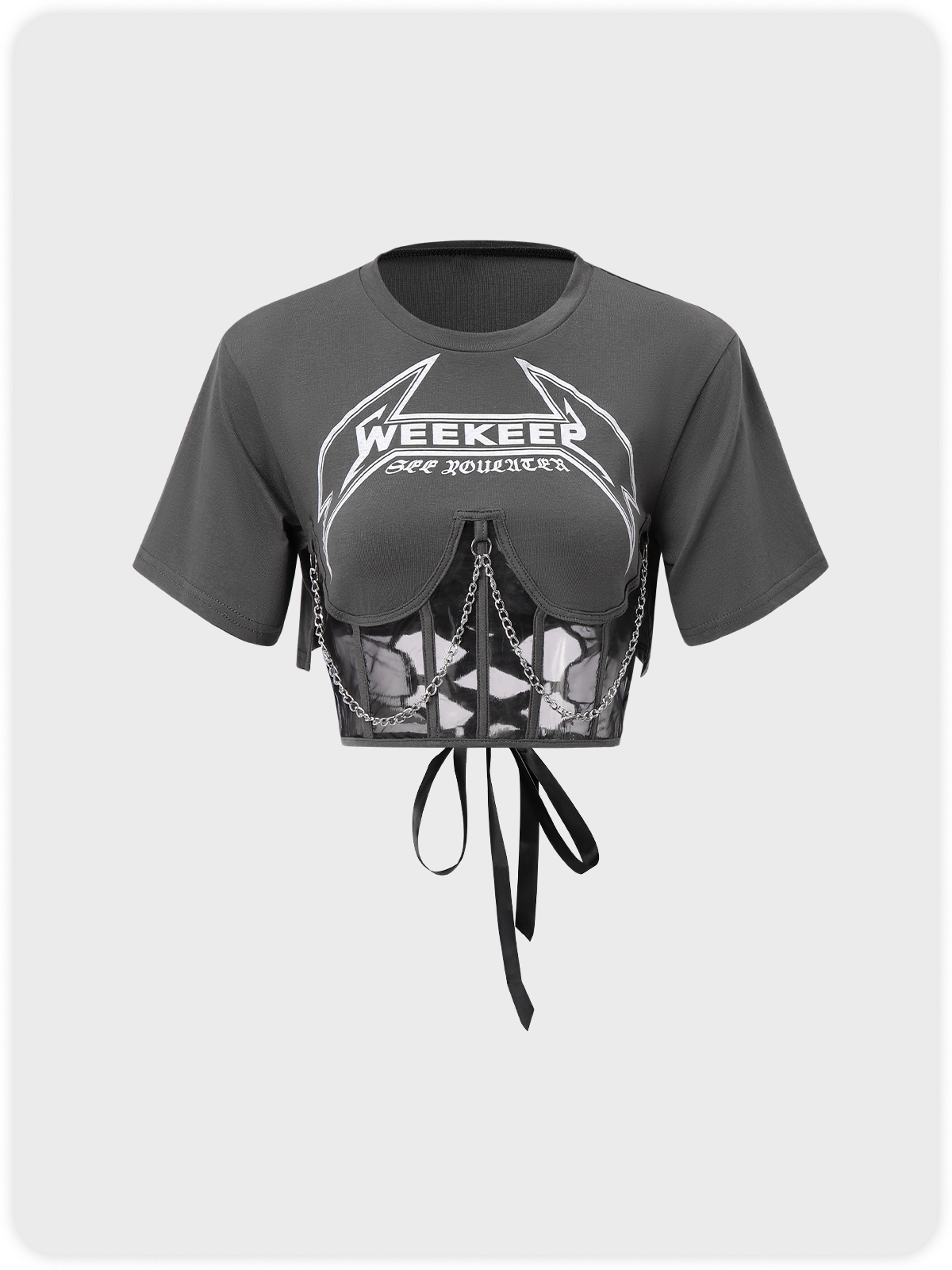 Street Gray Graphic Patchwork Mesh Top T-Shirt