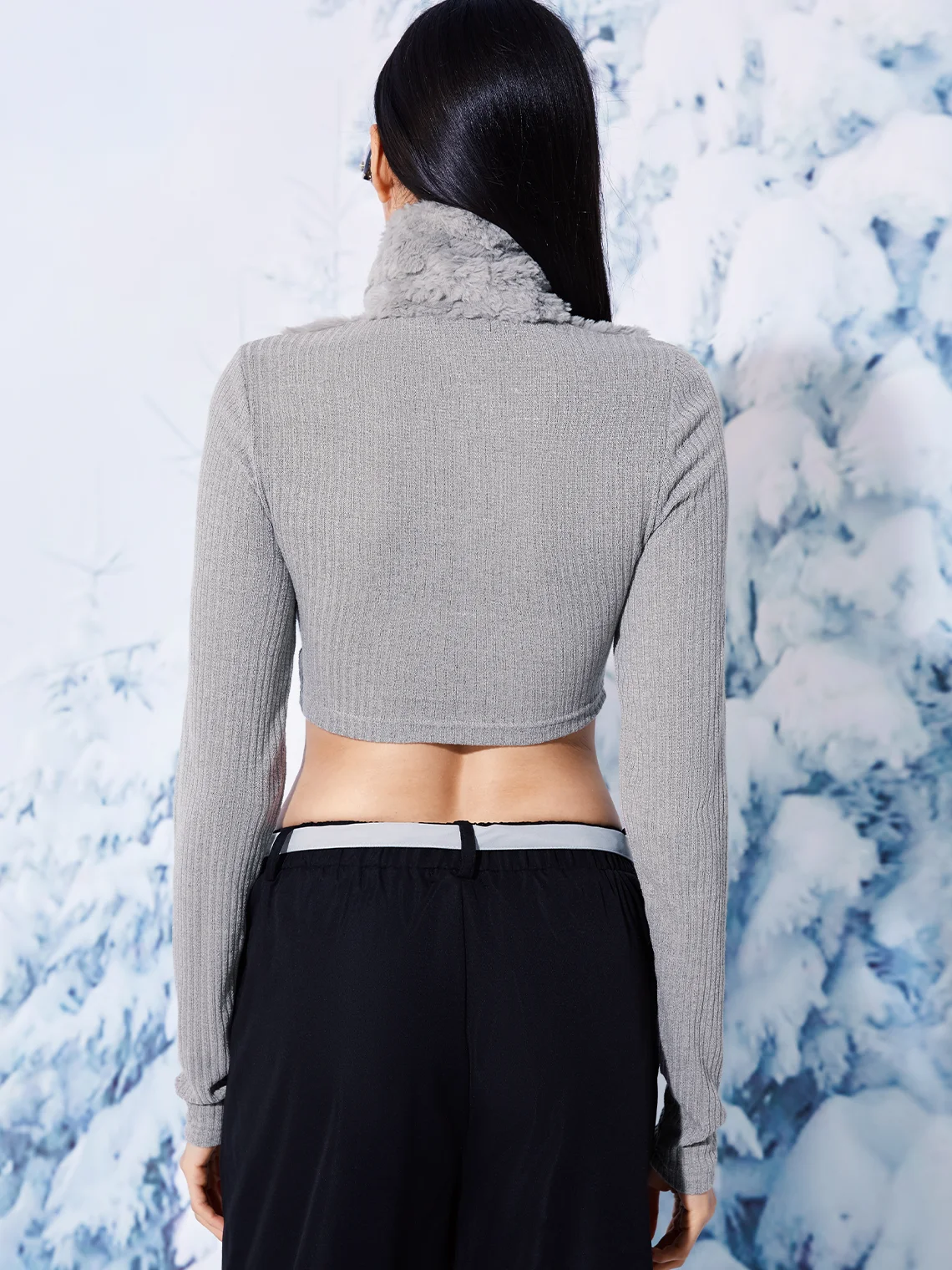 【Final Sale】Fuzzy Patchwork Sherpa Stand Collar Long Sleeve Crop Top