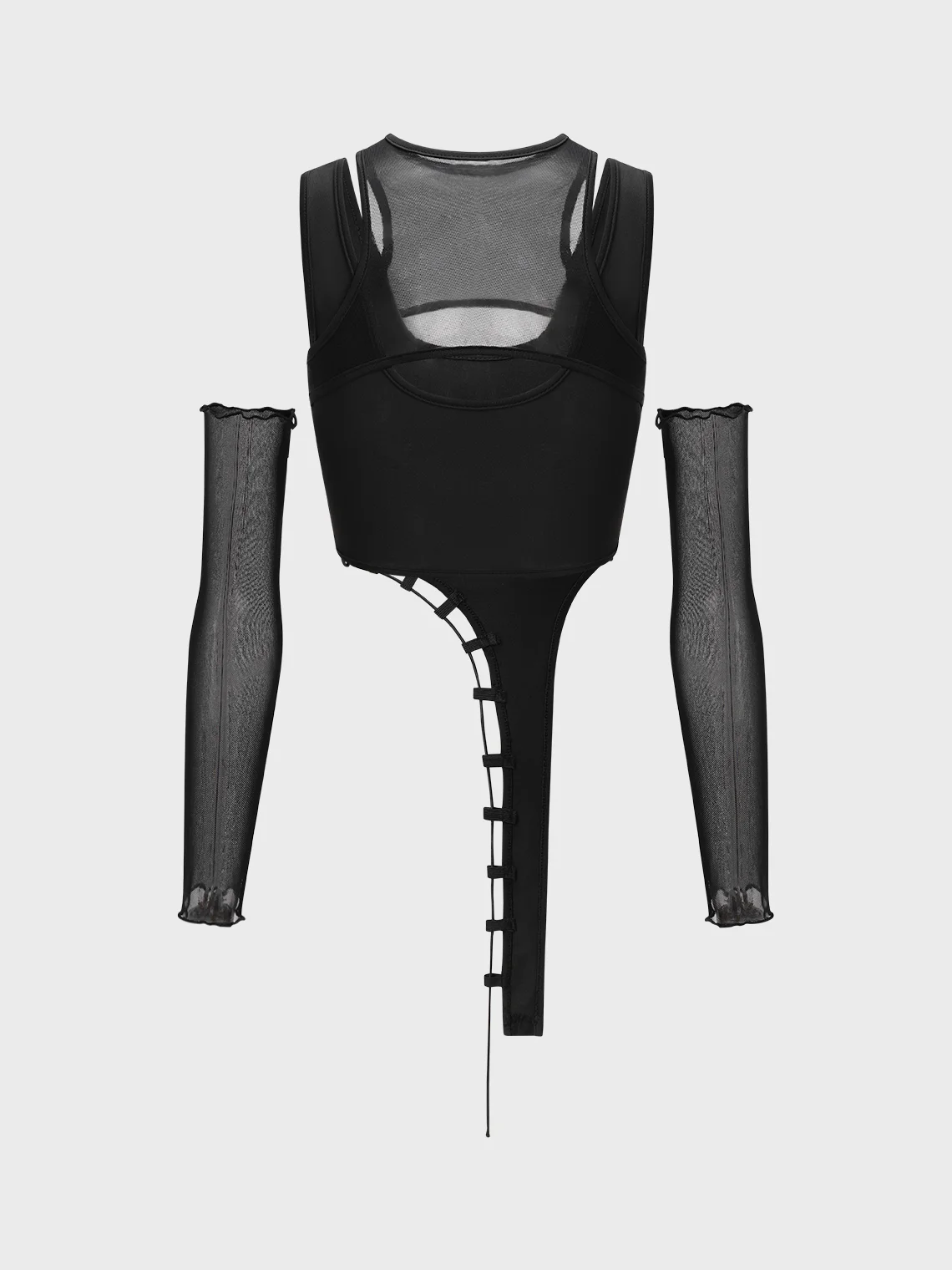 【Final Sale】Edgy Black Mesh Asymmetrical Design Tiered Design Cyberpunk Top Women Top