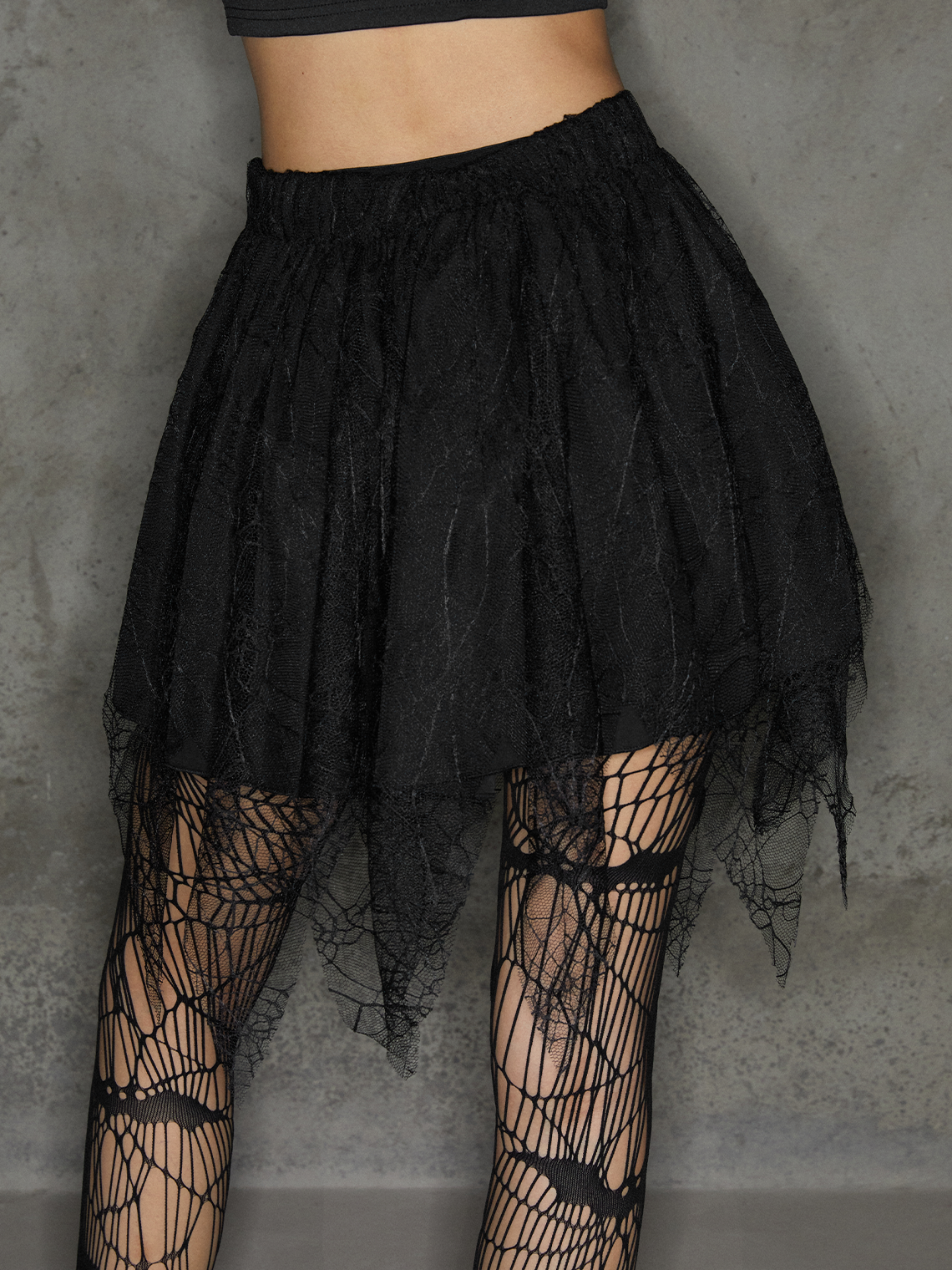 【Final Sale】Punk Black Double Layer Irregular Hem Halloween Bottom Skirt