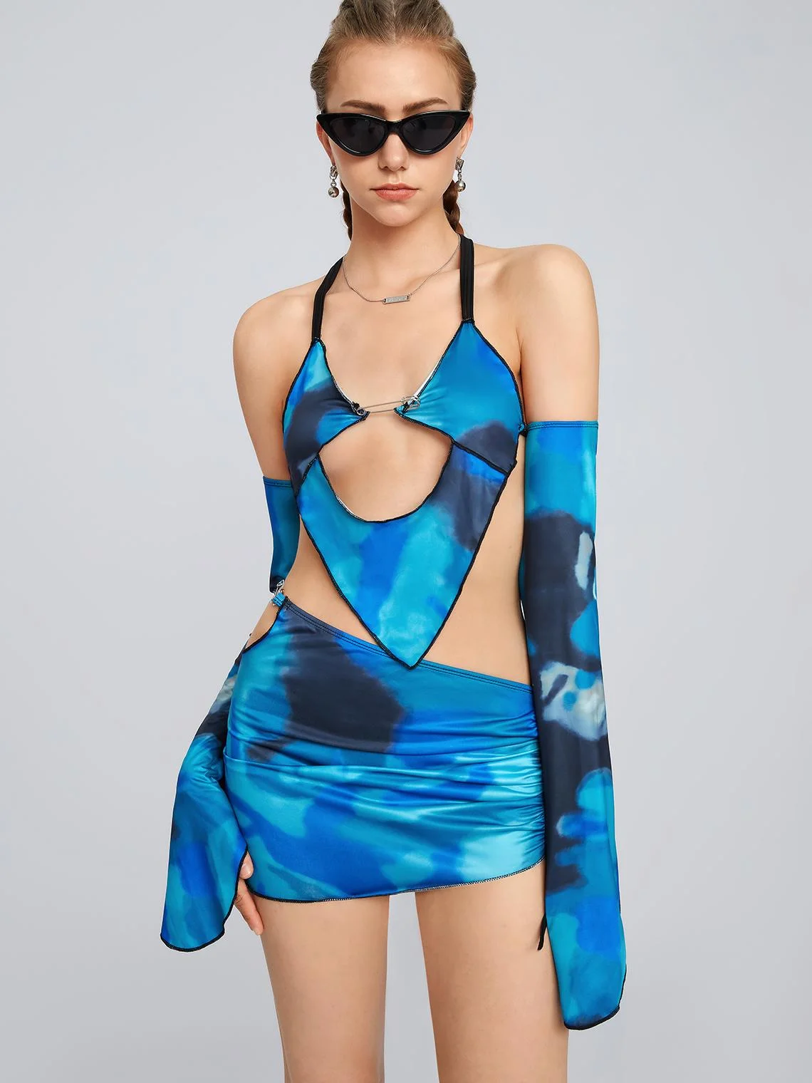 Edgy Vacation Blue Cut Out Irregular Hem Marbling Two-Piece Set