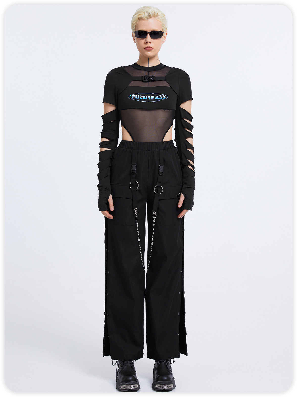 Edgy Black Graphic Patchwork Cut Out Bodysuit