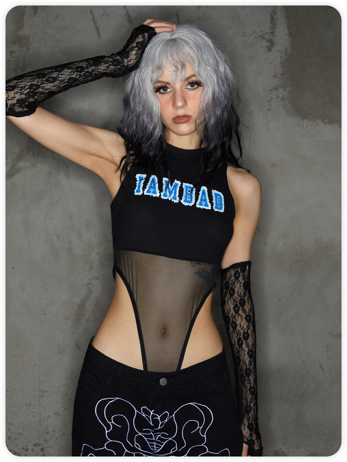 Punk Black Metal Patchwork Letter Cyberpunk Bodysuit