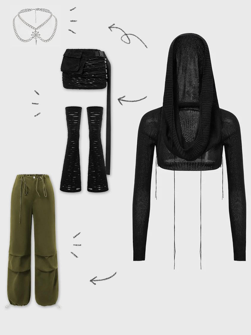 Edgy Black Hooded Cut Out Top Sweater