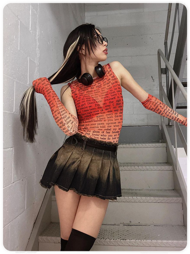 Y2K Khaki Mesh Letter Arm Sleeves Party Top Women Top