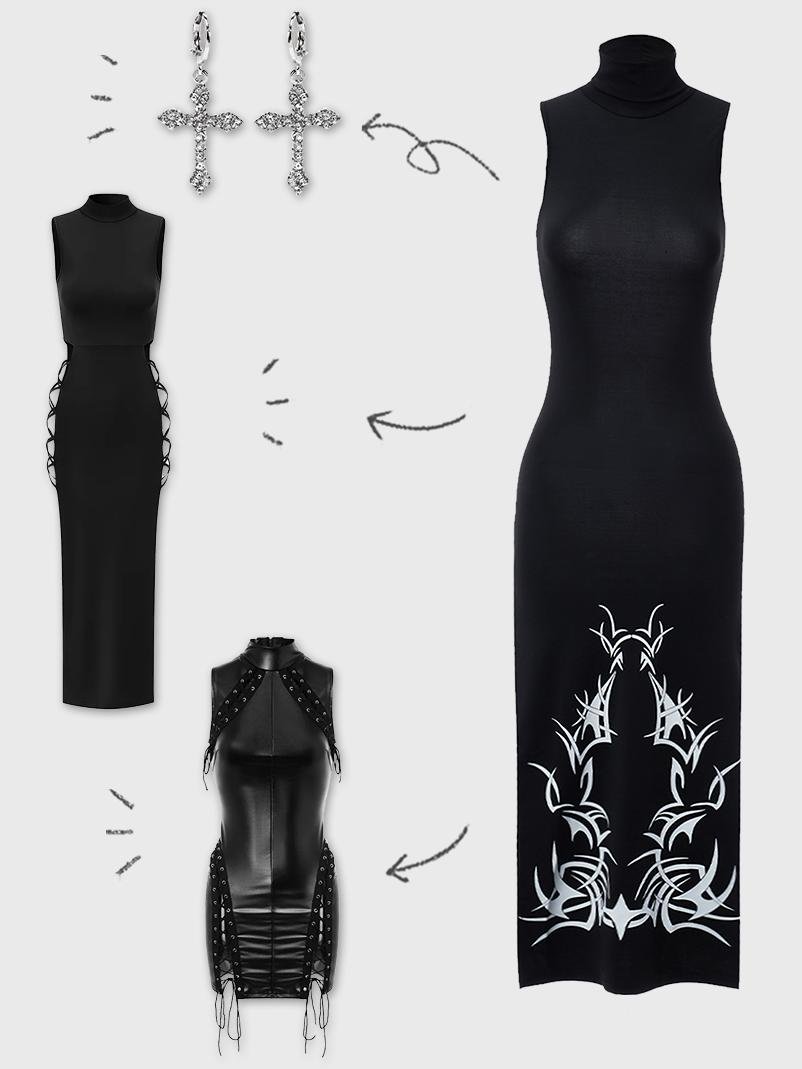 Punk Black Split Tribal Dress Midi Dress