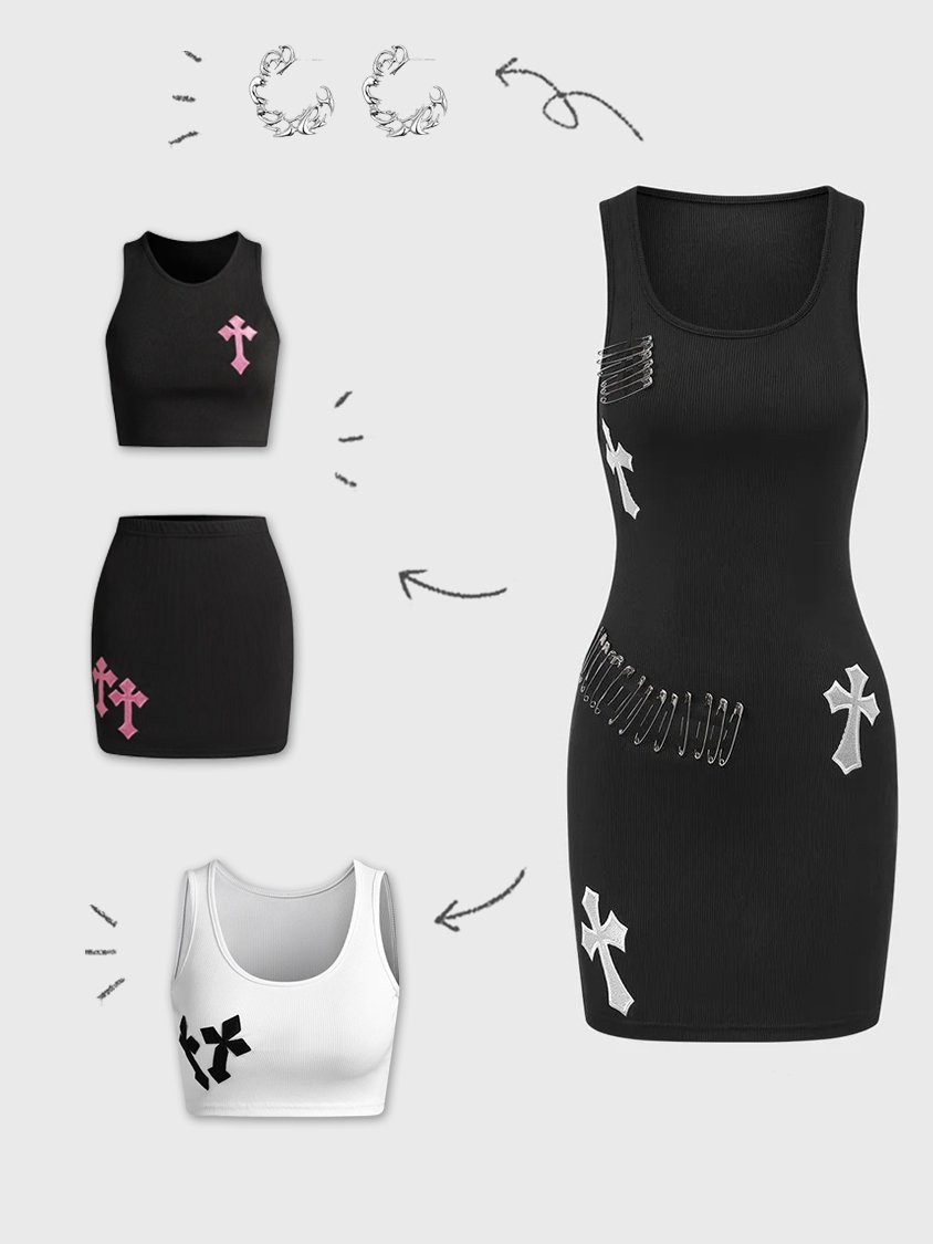 【Final Sale】Punk Black Cut Out Metal Chain Dress Mini Dress