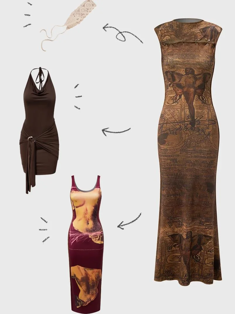 【Final Sale】Edgy Brown Vintage Cut Out Metal Dress Midi Dress