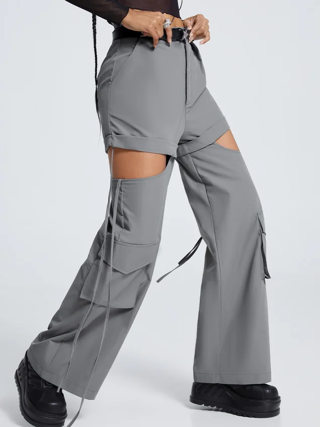 【Final Sale】Street Gray Cut out Pockets Bottom Pants