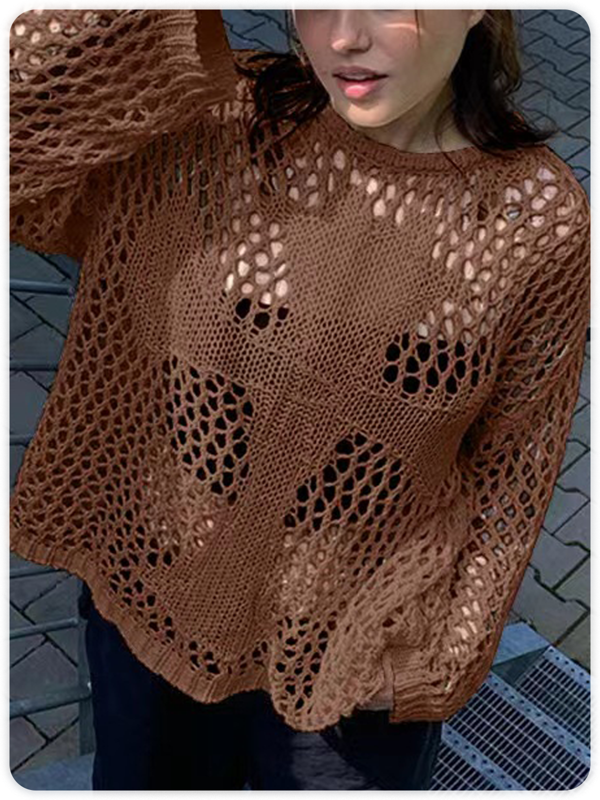 Knitted Hollow Out Crew Neck Plain Long Sleeve Top