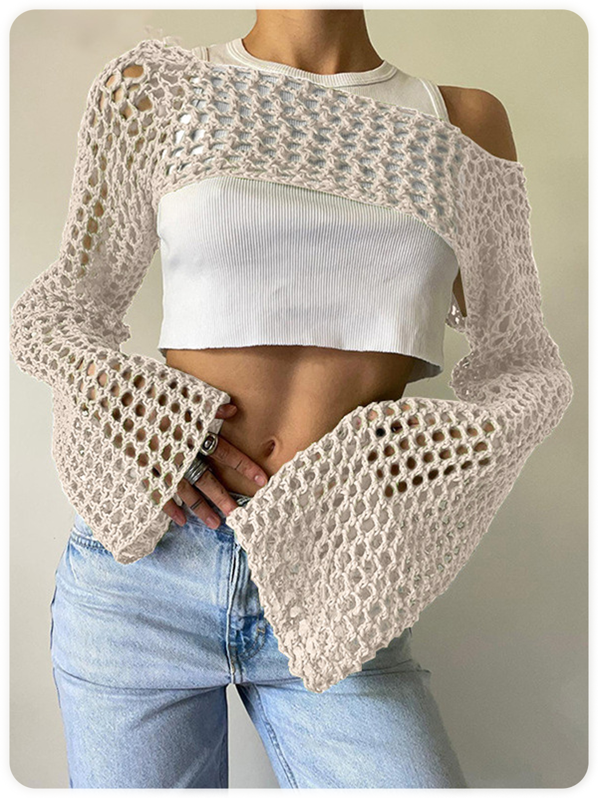 Knitted Hollow Out Crew Neck Plain Long Sleeve Shirt