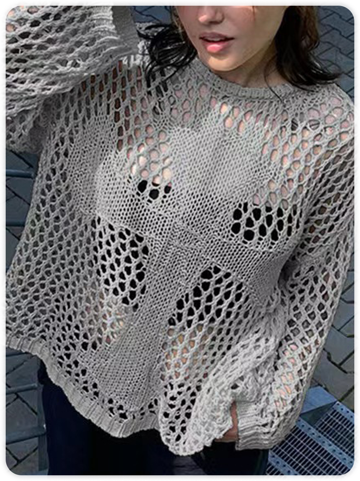 Knitted Hollow Out Crew Neck Plain Long Sleeve Top