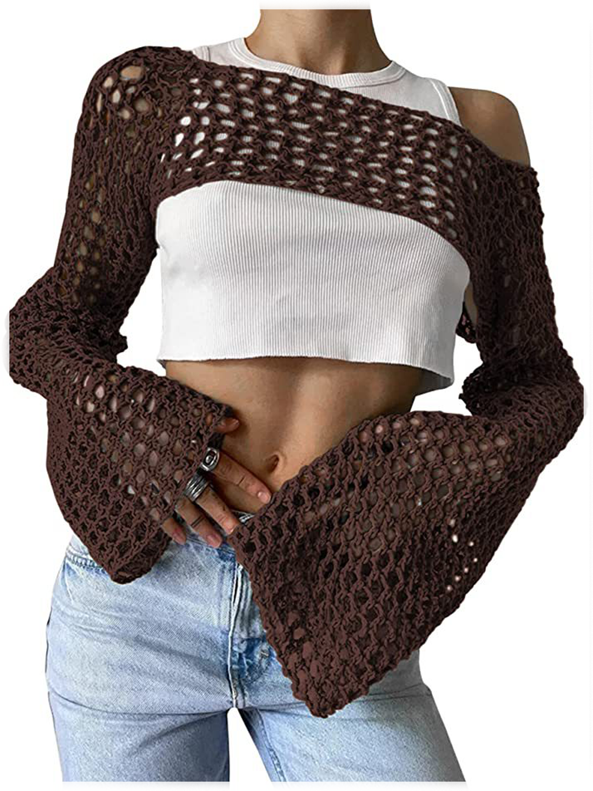 Knitted Hollow Out Crew Neck Plain Long Sleeve Shirt