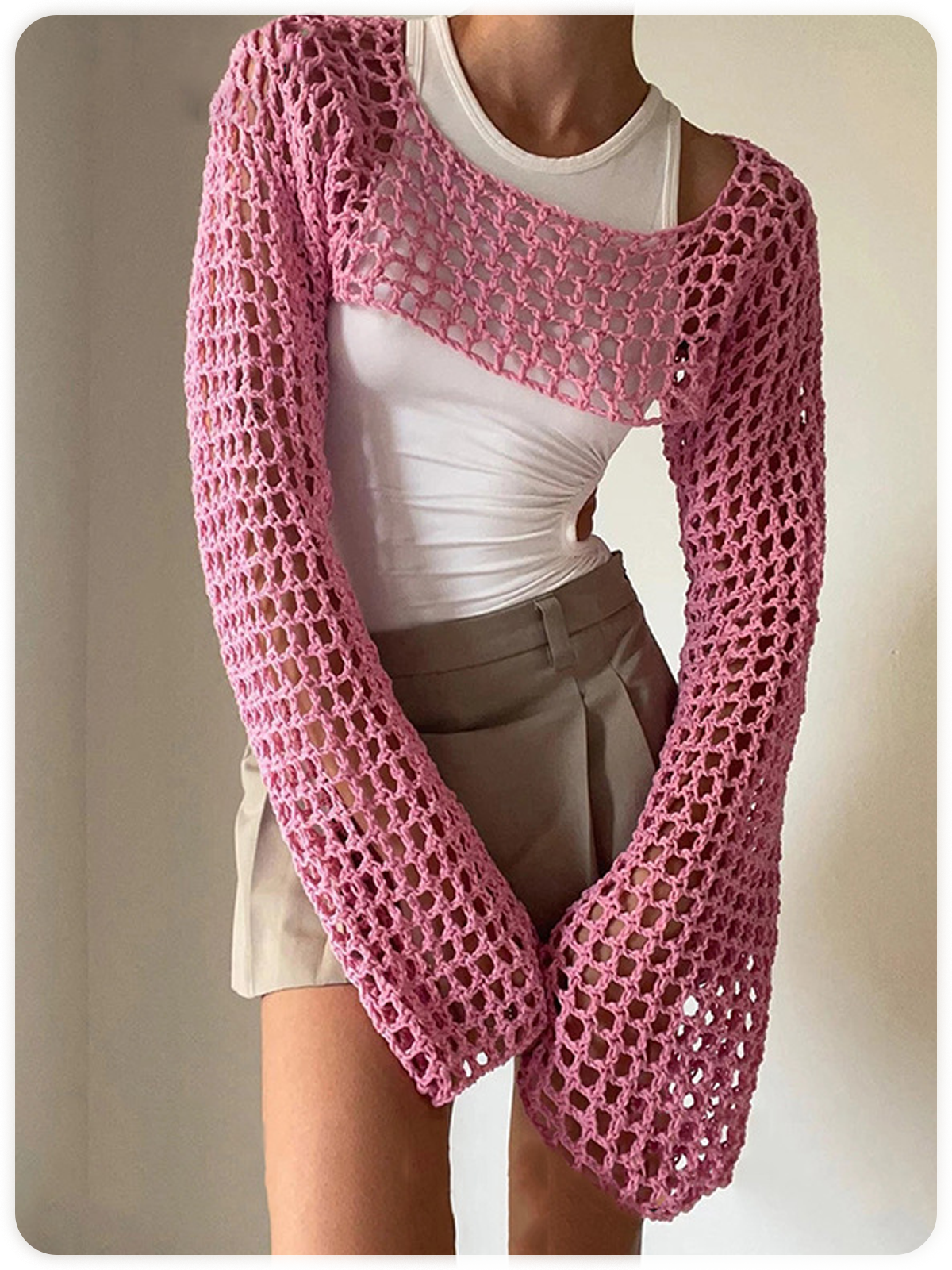 Knitted Hollow Out Crew Neck Plain Long Sleeve Shirt