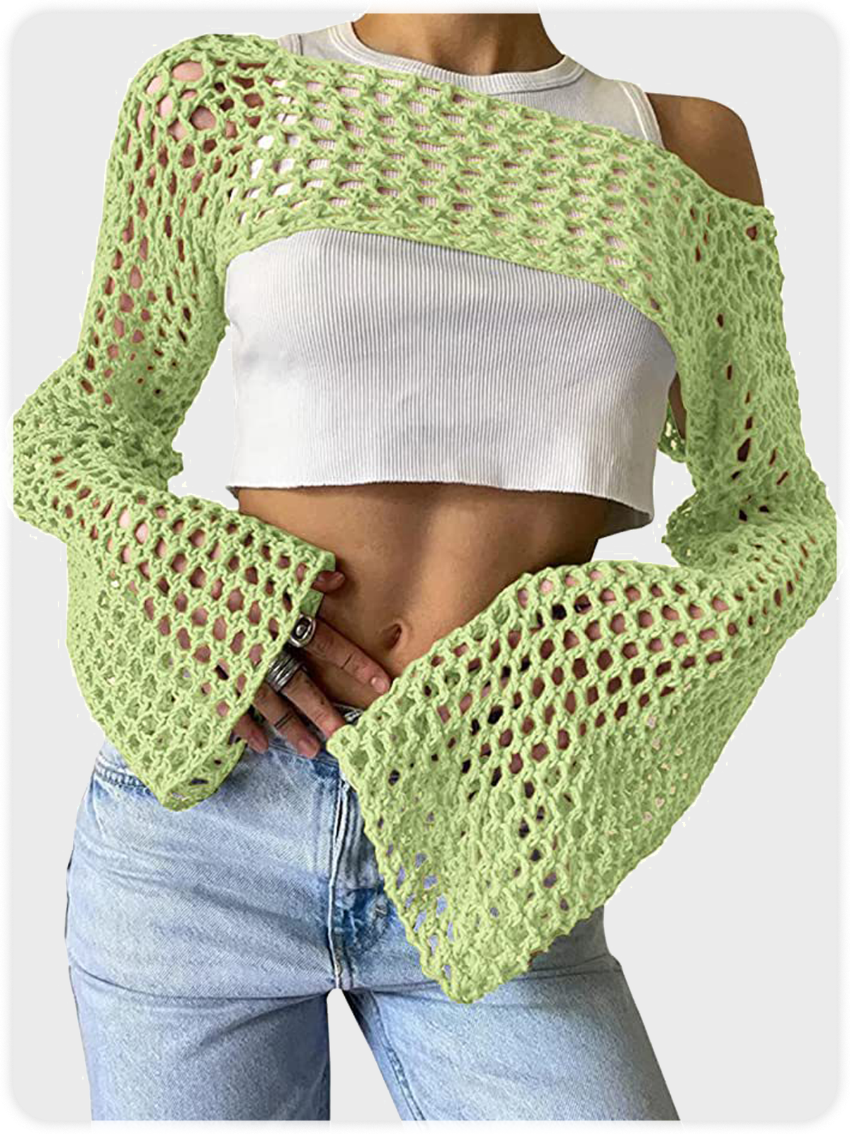 Knitted Hollow Out Crew Neck Plain Long Sleeve Shirt
