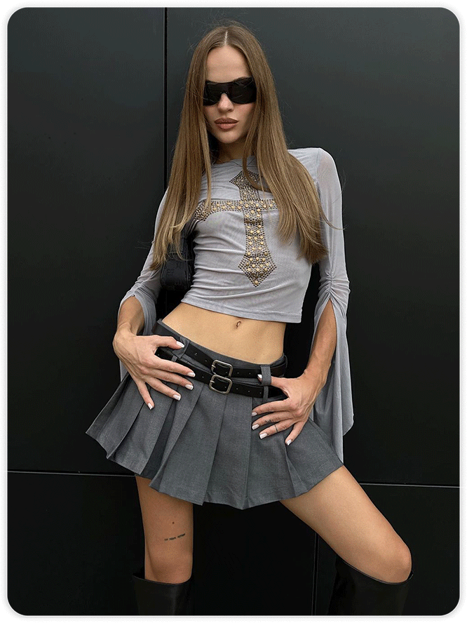 Y2K Black Pleated Double belt Bottom Skirt