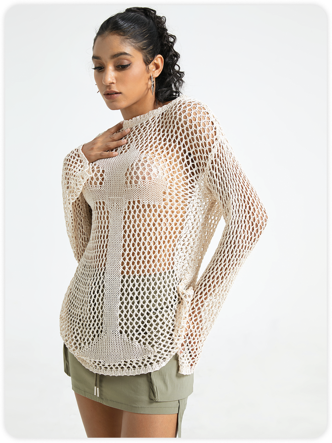 Knitted Hollow Out Crew Neck Plain Long Sleeve Top