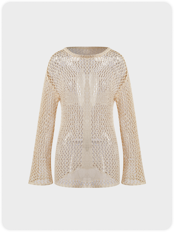 Knitted Hollow Out Crew Neck Plain Long Sleeve Top