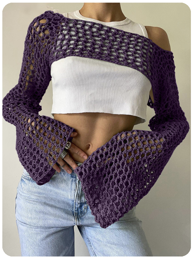 Knitted Hollow Out Crew Neck Plain Long Sleeve Shirt