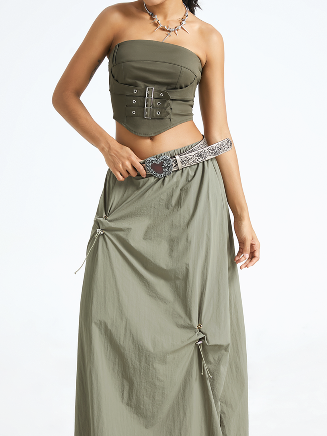 Twill Strapless Plain Tank Top With Belt