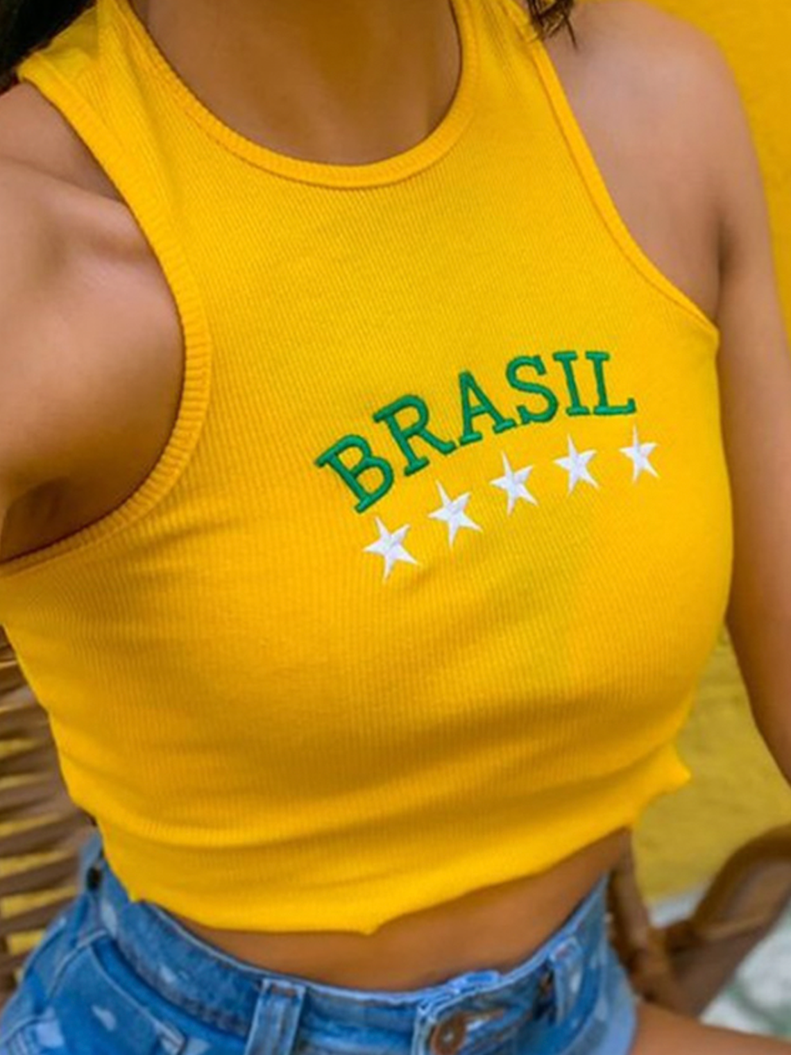 【Final Sale】Brasil Crew Neck Text Letters Tank Top