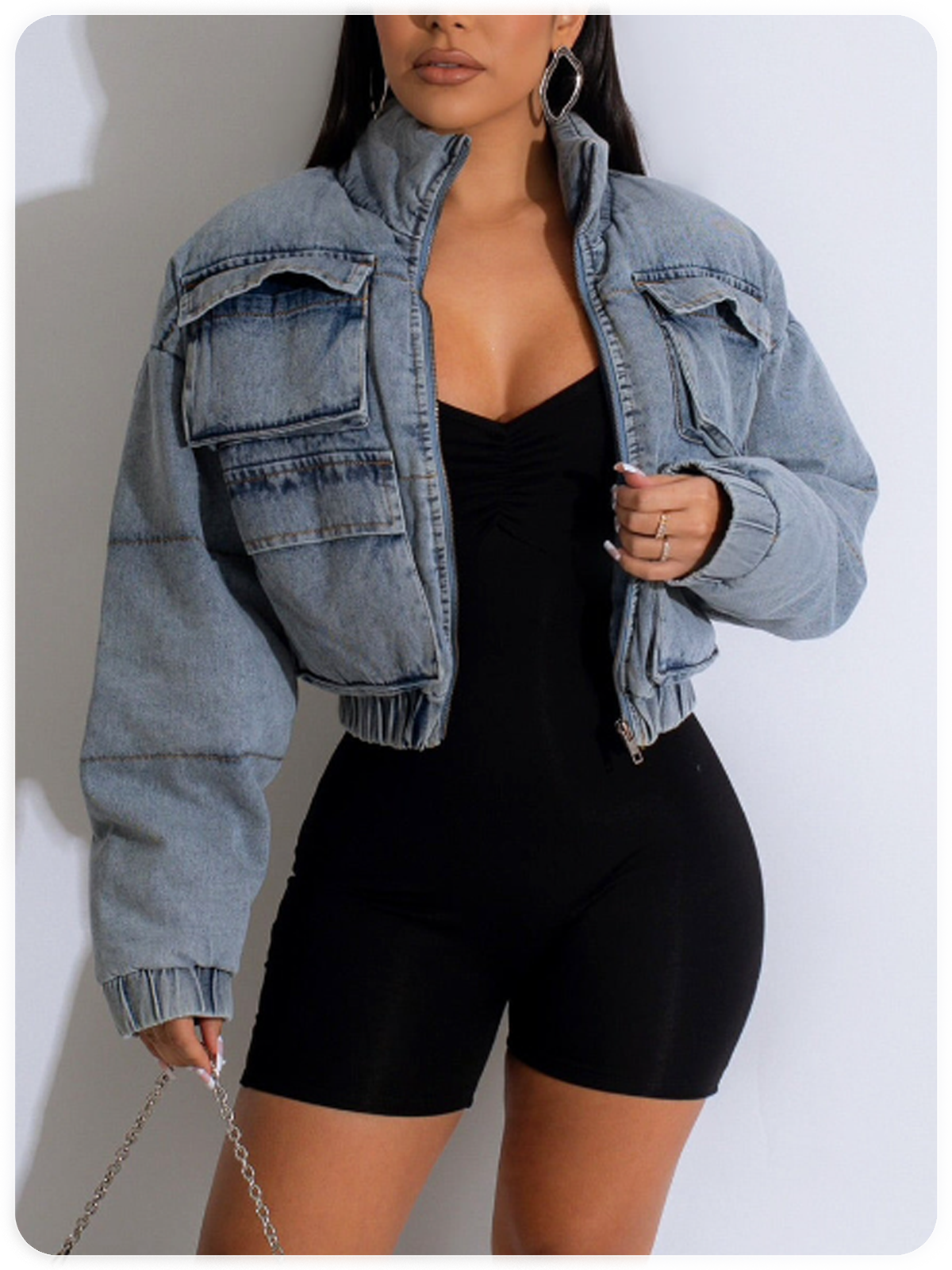 Denim Stand Collar Pocket Plain Long Sleeve Jacket