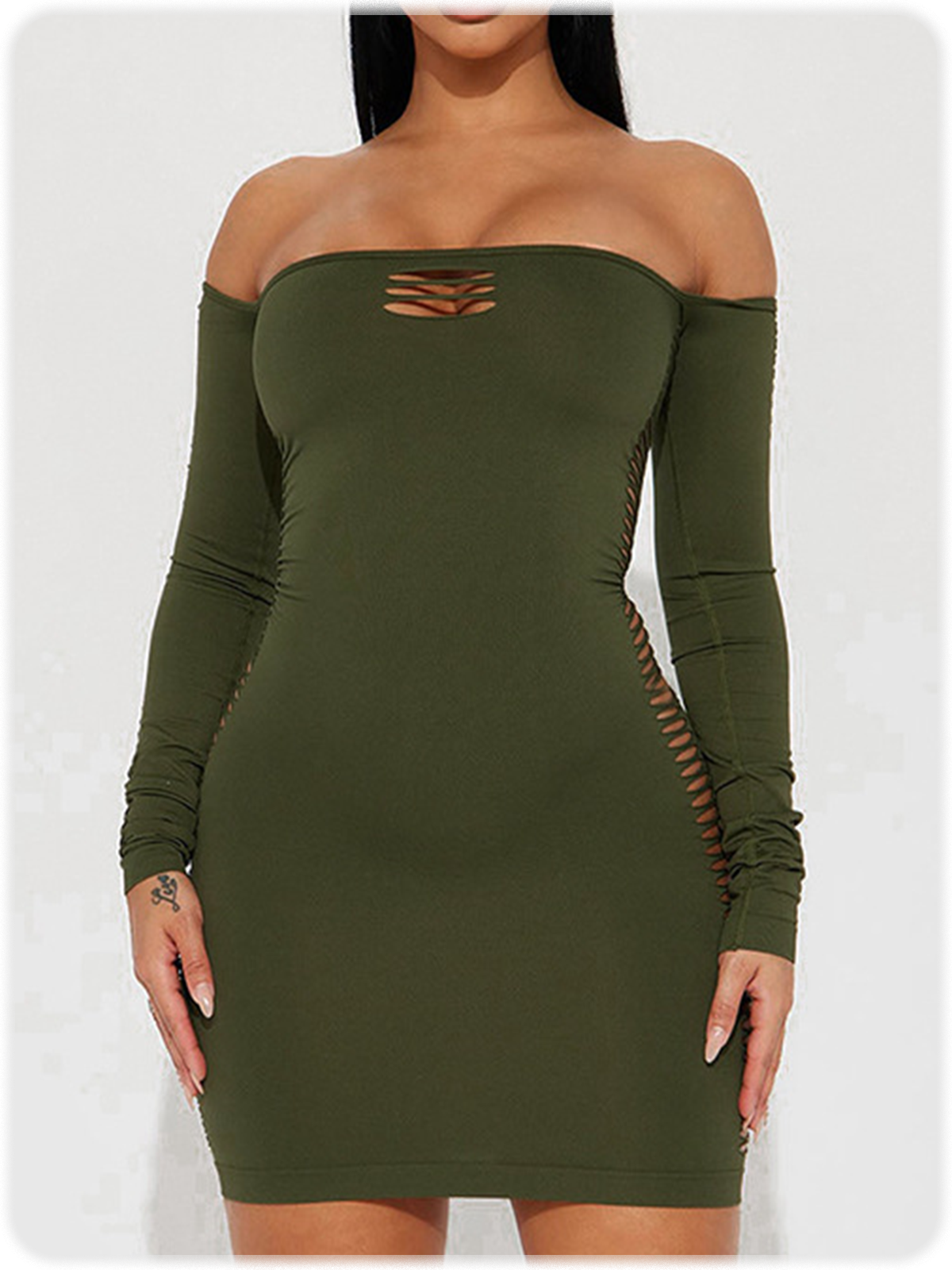 Cut Out Boat Neck Plain Long Sleeve Short Dress