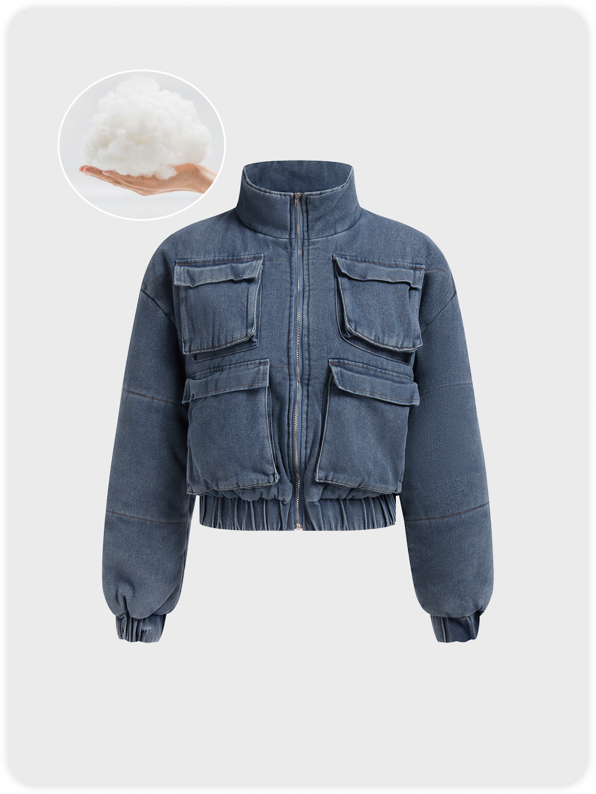 Denim Stand Collar Pocket Plain Long Sleeve Jacket