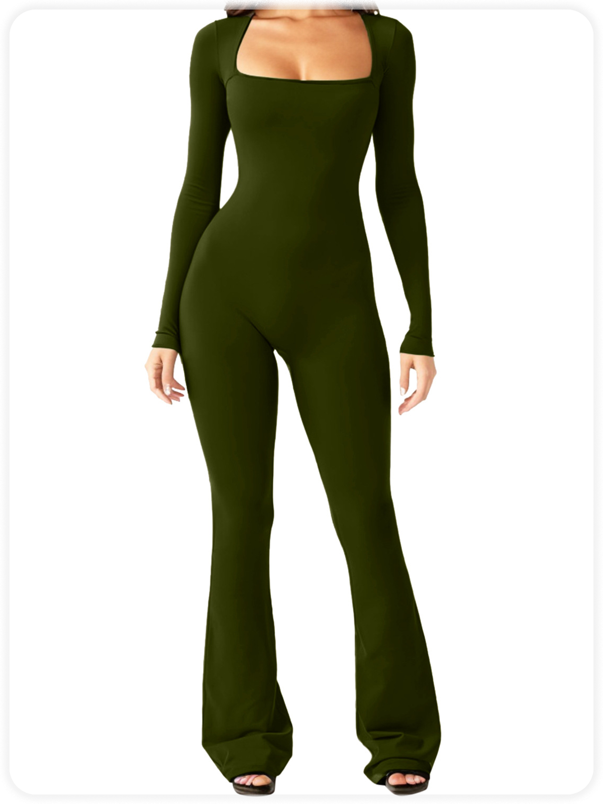Square Neck Plain Long Sleeve Jumpsuit