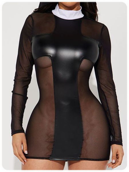 Mesh Stand Collar Cross Long Sleeve Short Dress