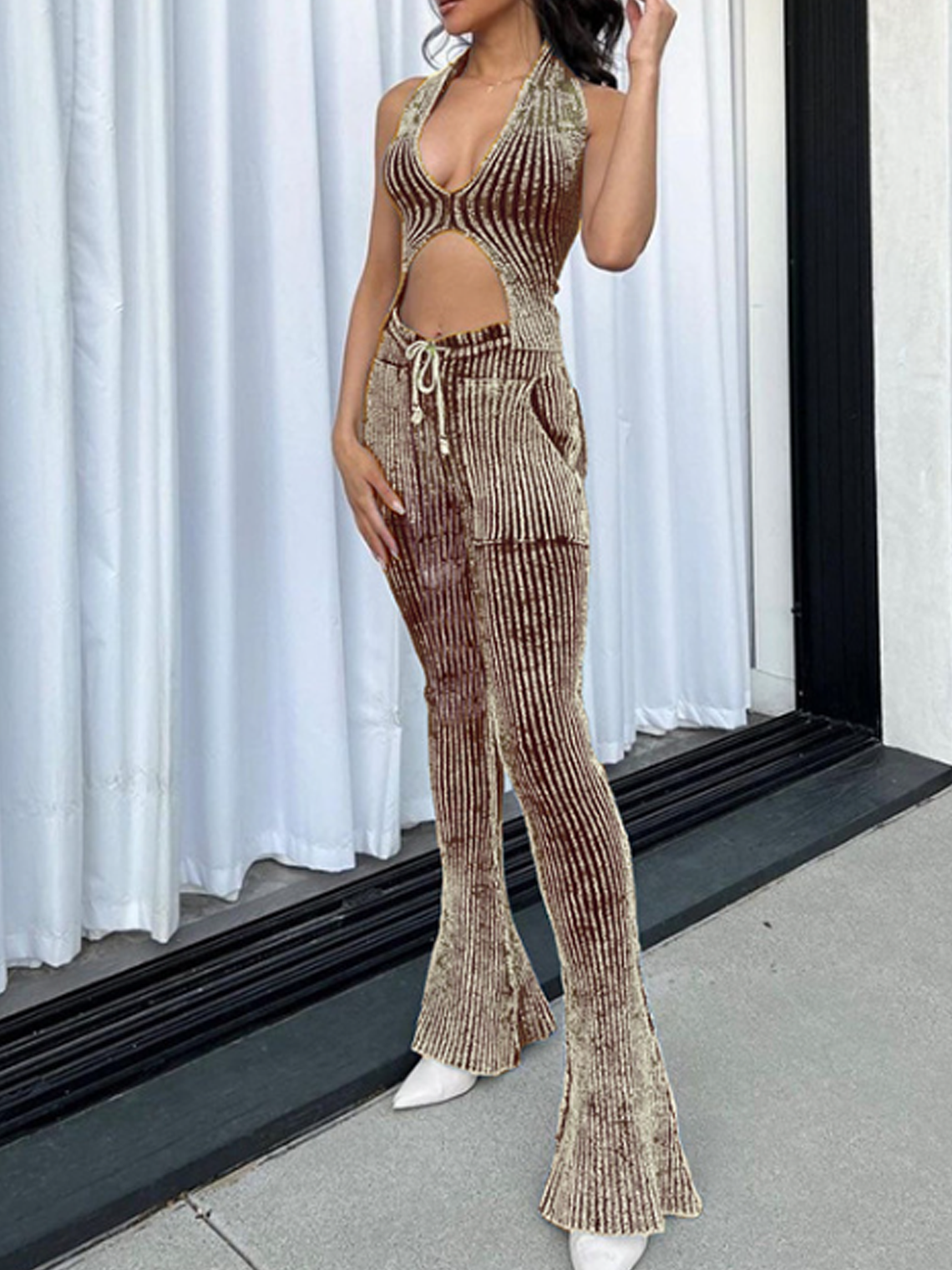 Halter Polka Dots Crop Top With Pants Two-Piece Set